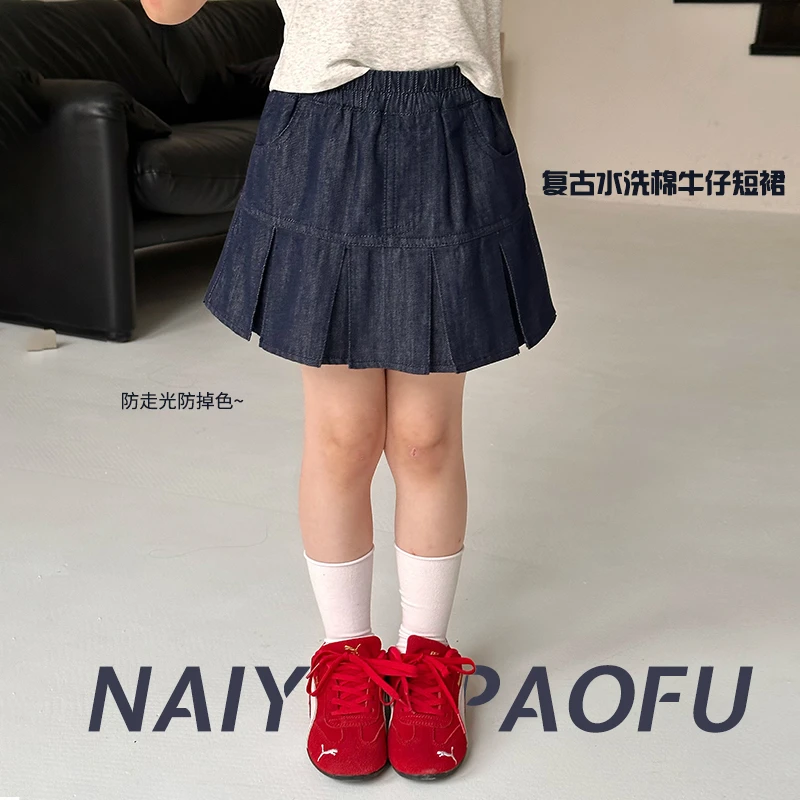 奶油家【甜酷法则】女童夏复古水洗牛仔短裙儿童防走光半身裙25E009