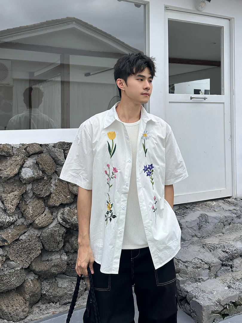 【花花雏菊】Bloom Studio夏季新款小雏菊刺绣短袖衬衫男宽松上衣