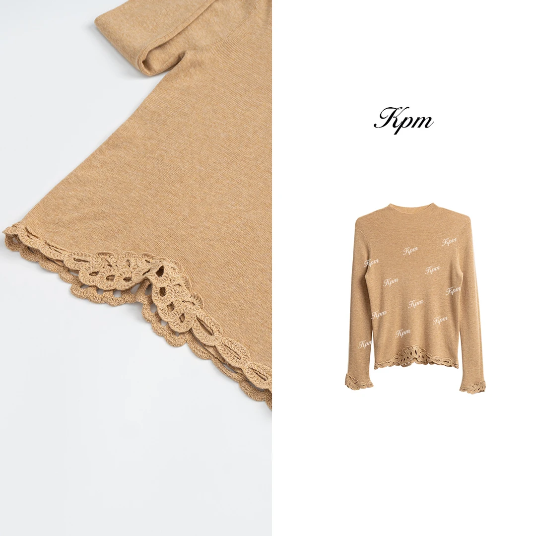 冬季新品简约设计感洋气精致镂空花边百搭圆领长袖针织衫女JN9066