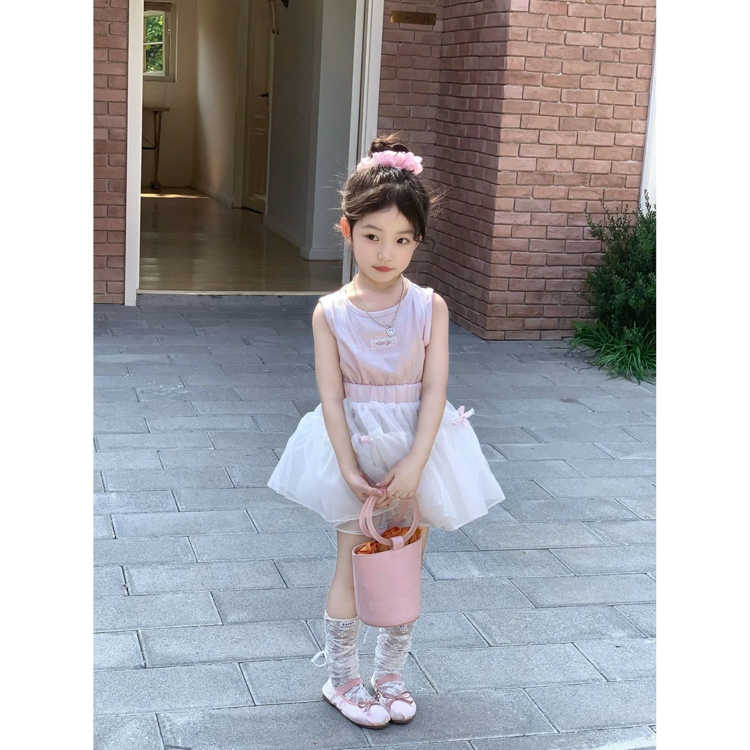 小粉象 ·夏季新款女童韩版甜美细闪无袖吊带拼色蛋糕纱裙套装