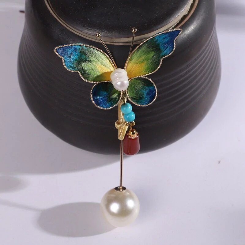 锌合金羽毛胸针 千里江山色蝴蝶蚕丝掐丝绒花胸花别针小众设计日