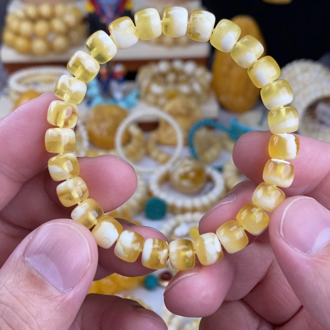 蜜蜡未镶嵌手链金瓷白妖花8mm