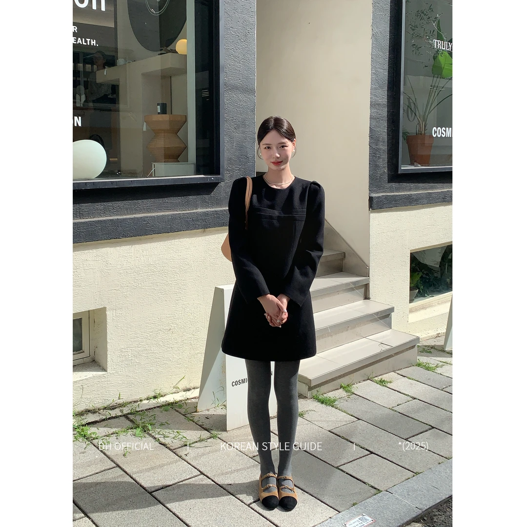 DH OFFICIAL大花【英黎博物馆 Black】 法式高级气质翻折拼接连衣裙