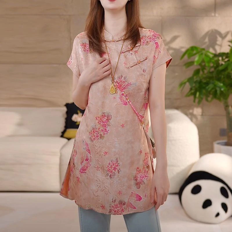 2025夏季新款女士粉色改良版旗袍衬衫温柔减龄中式国风中长上衣服