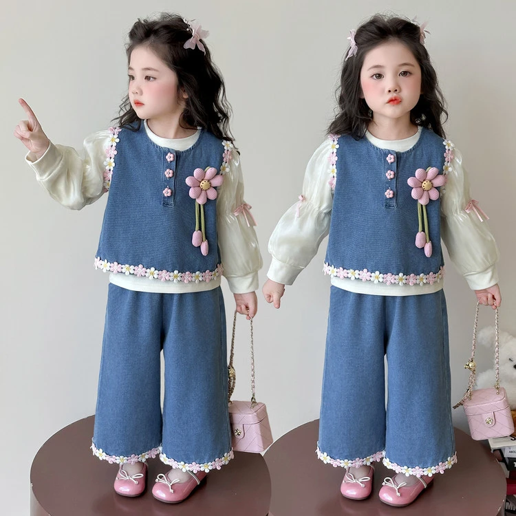 女童秋装牛仔套装2025新款洋气儿童牛仔马甲秋季女宝宝休闲三件套