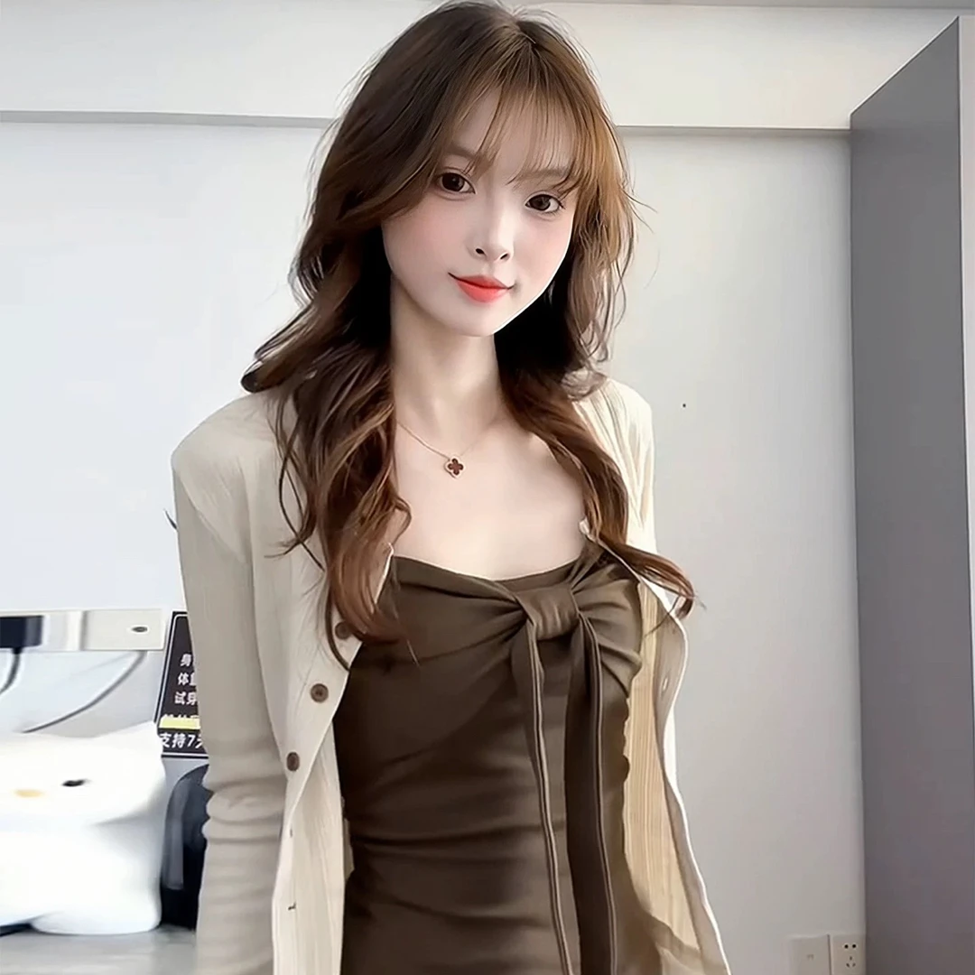 【莹莹推荐】韩系蝴蝶结吊带针织开衫阔腿裤胖mm显瘦套装