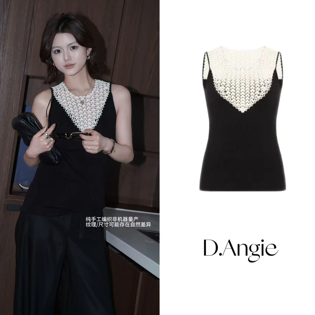 D.Angie【罗马假日】清凉感 桑蚕丝小众纯手工撞色勾花透气背心针织