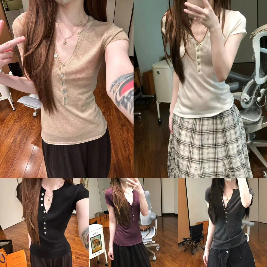 【含羊毛区别亨利领】松弛慵懒显瘦卷边袖t恤短袖时尚百搭上衣E601