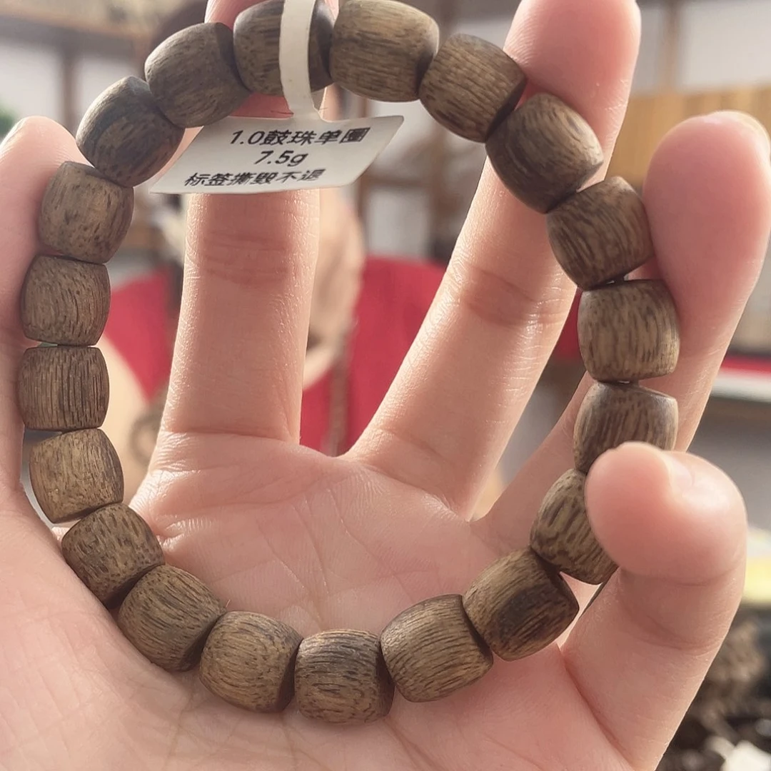 沉香手串单圈树纹鼓珠7+