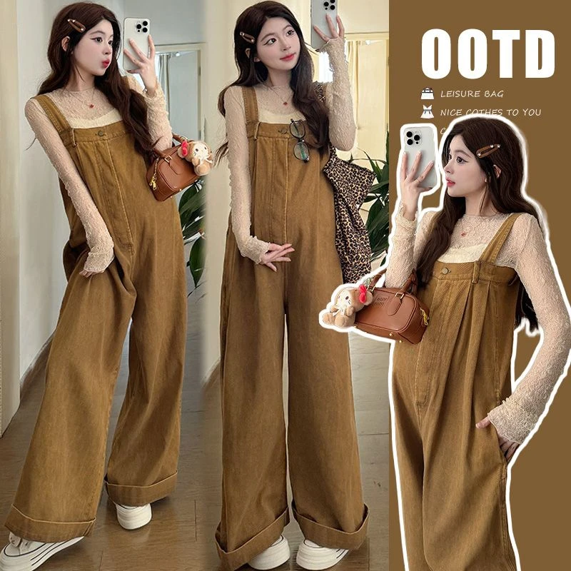 孕妇装2025新款春秋装背带裤宽松大码软牛仔宽松阔腿裤时尚款洋气