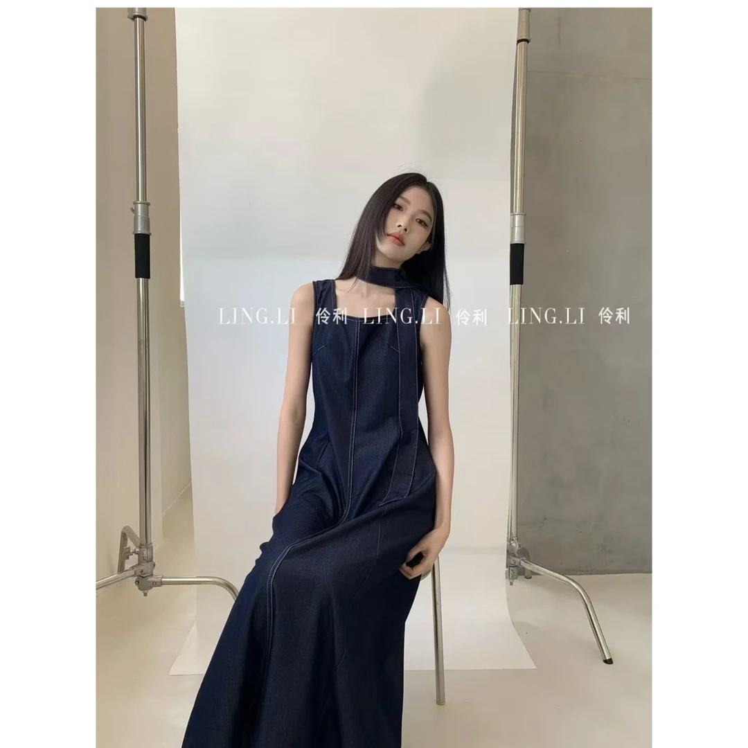 钱老板自留款 极简高级 原色牛仔背带连衣裙女背吊带长裙