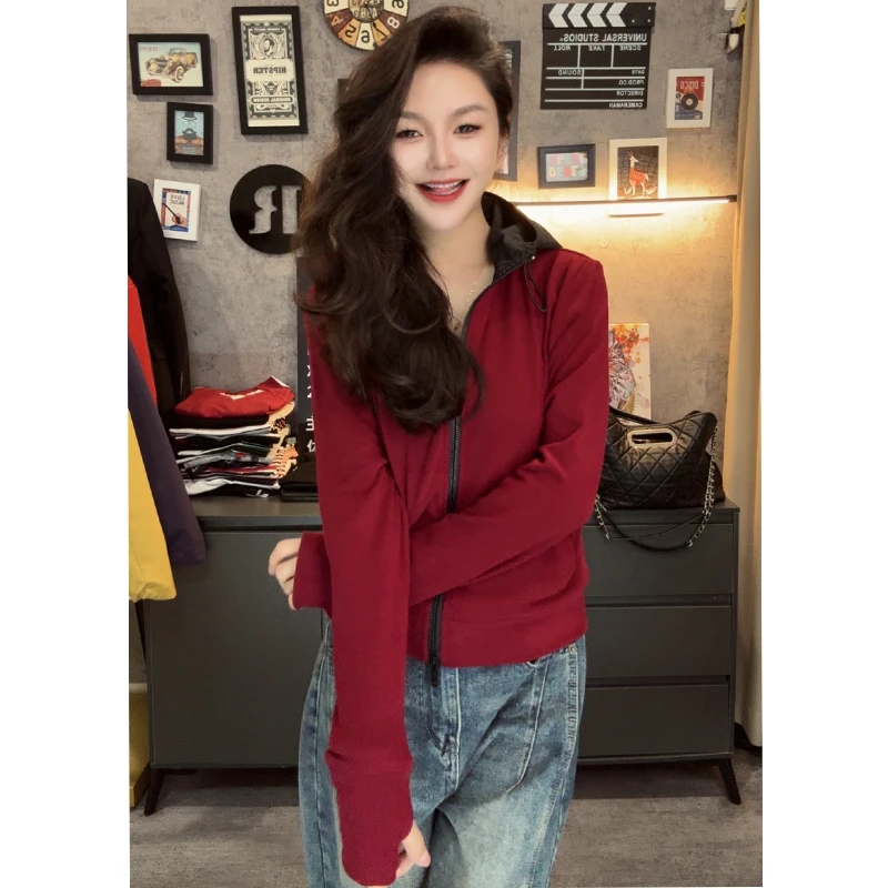 双面德绒抽绳连帽卫衣女修身显瘦双拉链设计开衫上衣