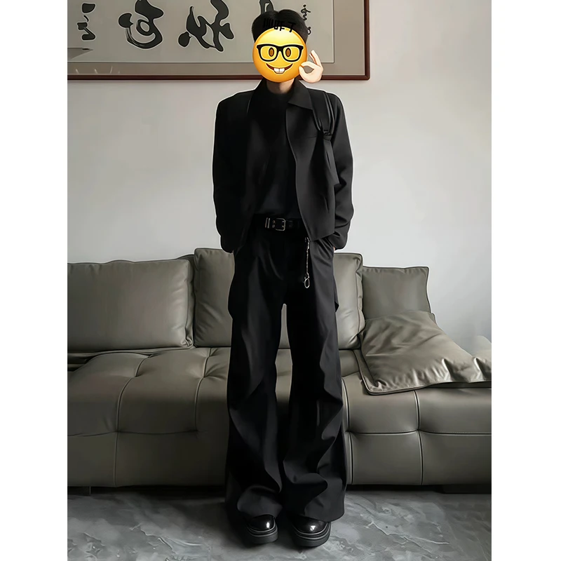 微喇叭褶皱裤子cleanfit男款ootd穿搭工装直筒裤美式垂感弯刀西裤