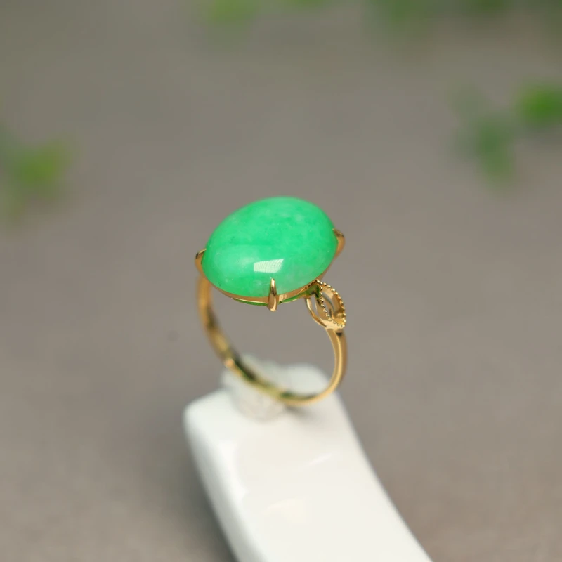 #L008 18K金镶嵌冰糯种满绿天然A货翡翠椭圆形蛋面戒指女戒