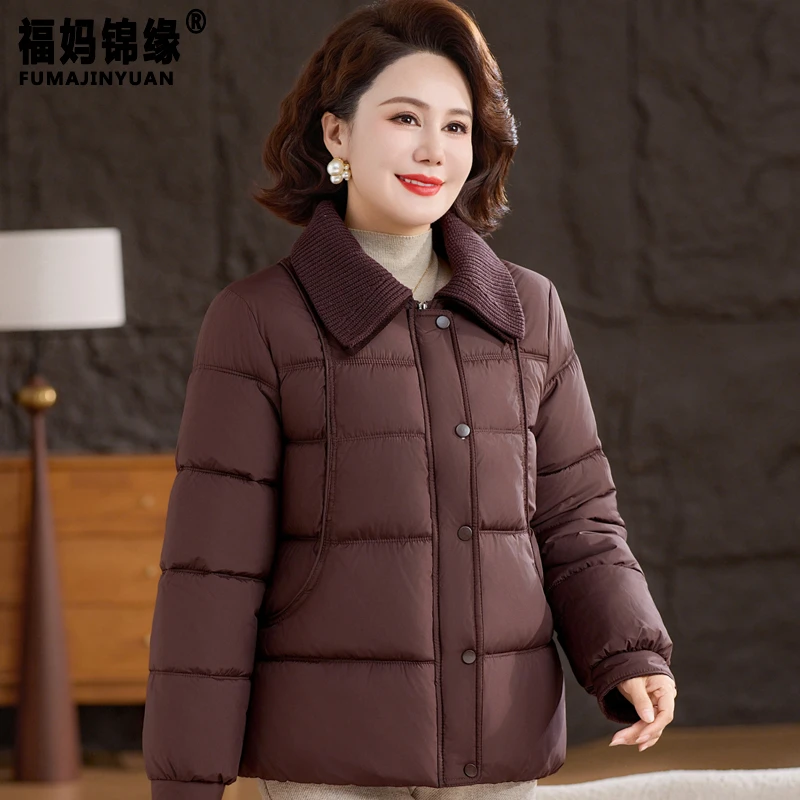 妈妈棉袄加绒加厚中年女装秋冬装羽绒棉服短款中老年洋气棉衣外套