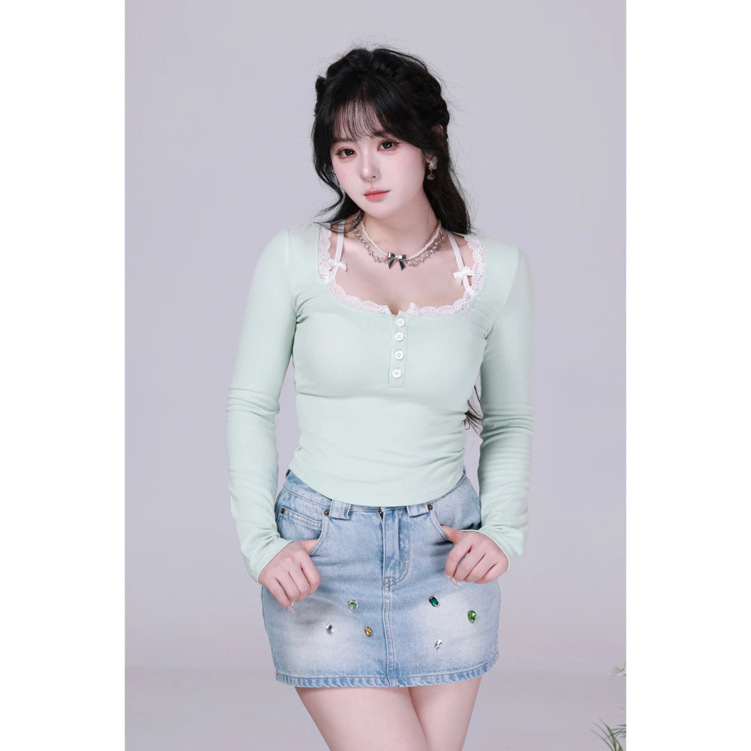 清清MengFairy 【抹茶奶绿 半身裙 】纯欲高腰牛仔半身裙套装2655