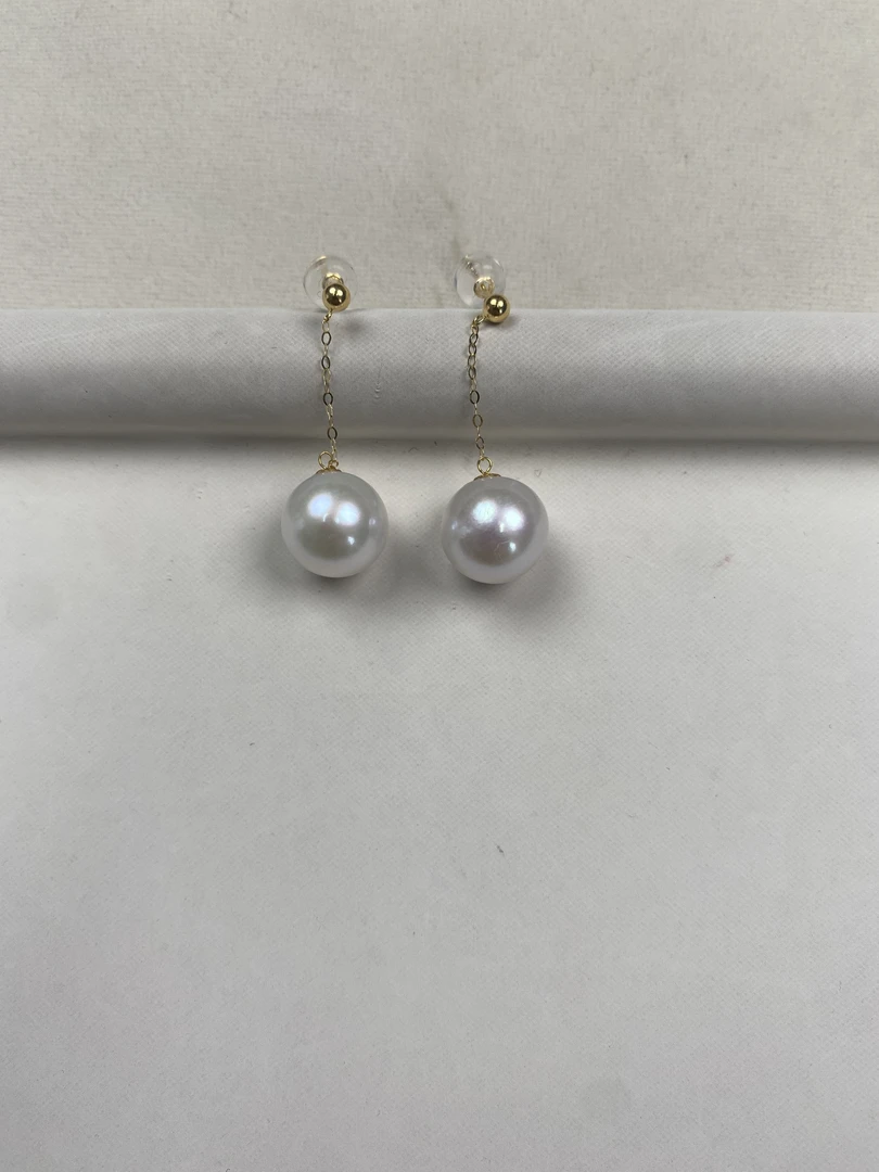 18k金 风吹步摇 淡水珍珠耳线耳坠  10-12mm