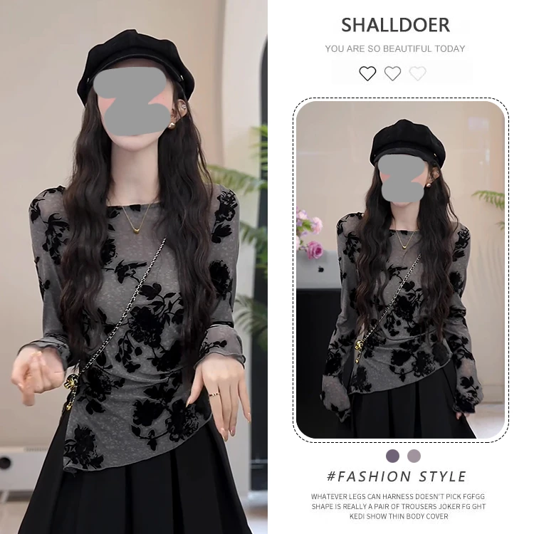 黑色中式水墨印花长袖t恤女春秋新款洋气时尚收腰显瘦打底衫上衣