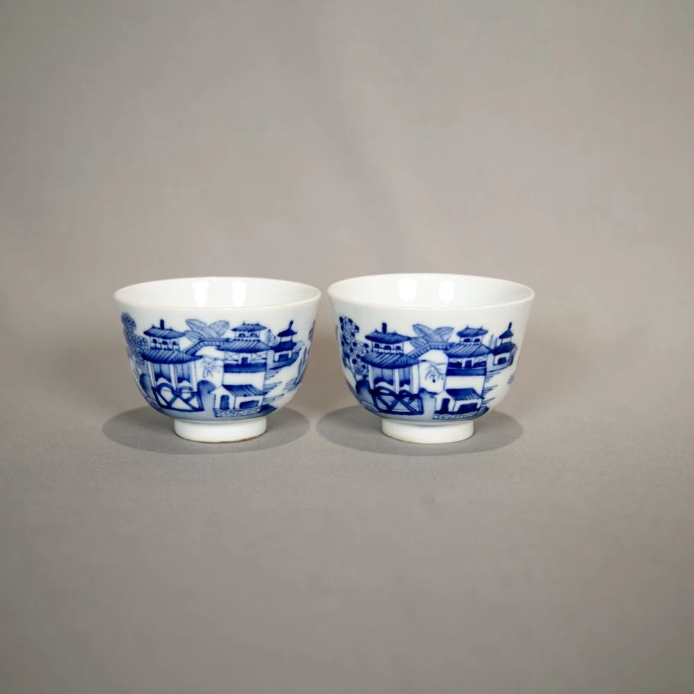 清道光青花上水亭阁纹杯一对A6-296