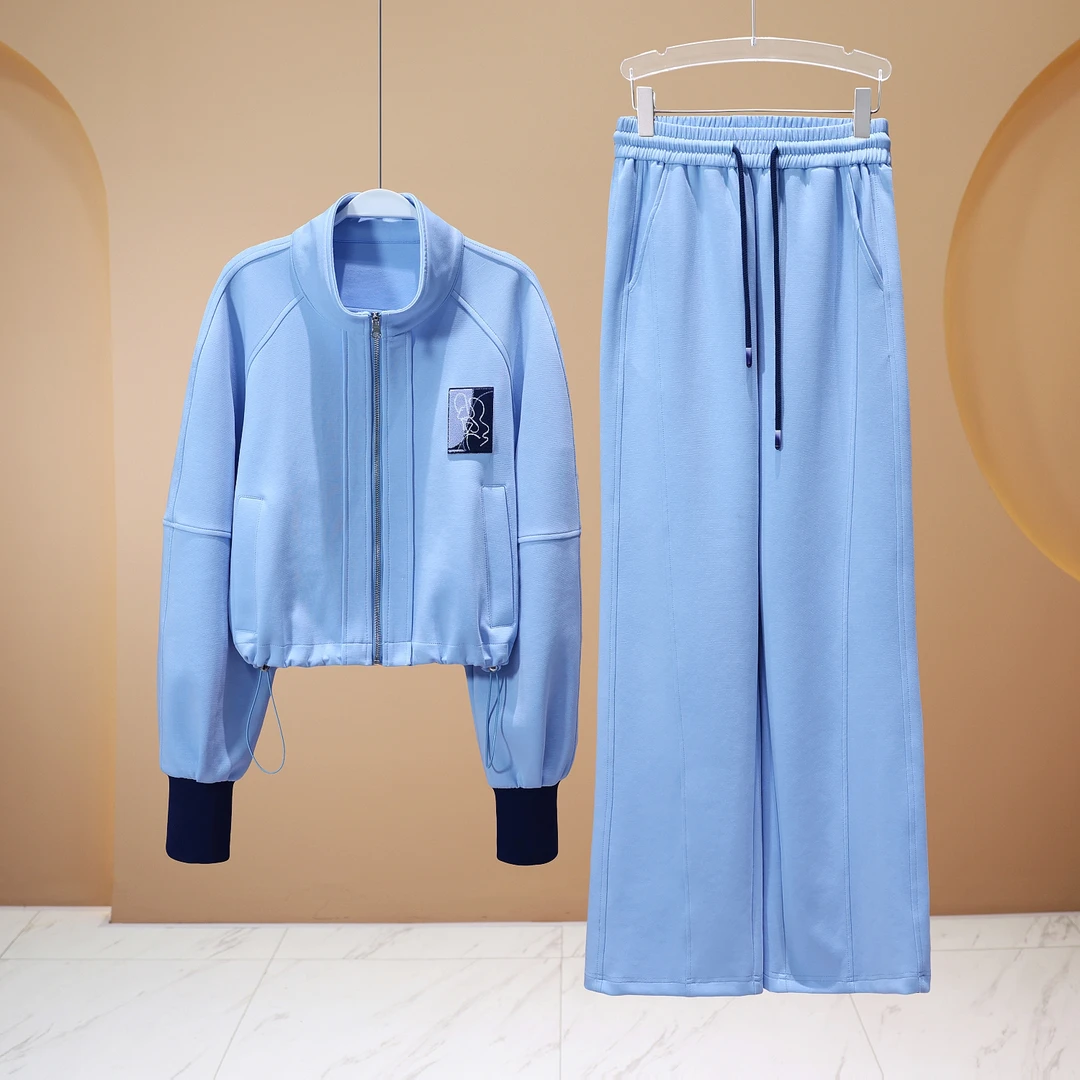 【LIANG哥女装】2025欧货气质优雅盐水蓝撞色拼接运动套装5805A