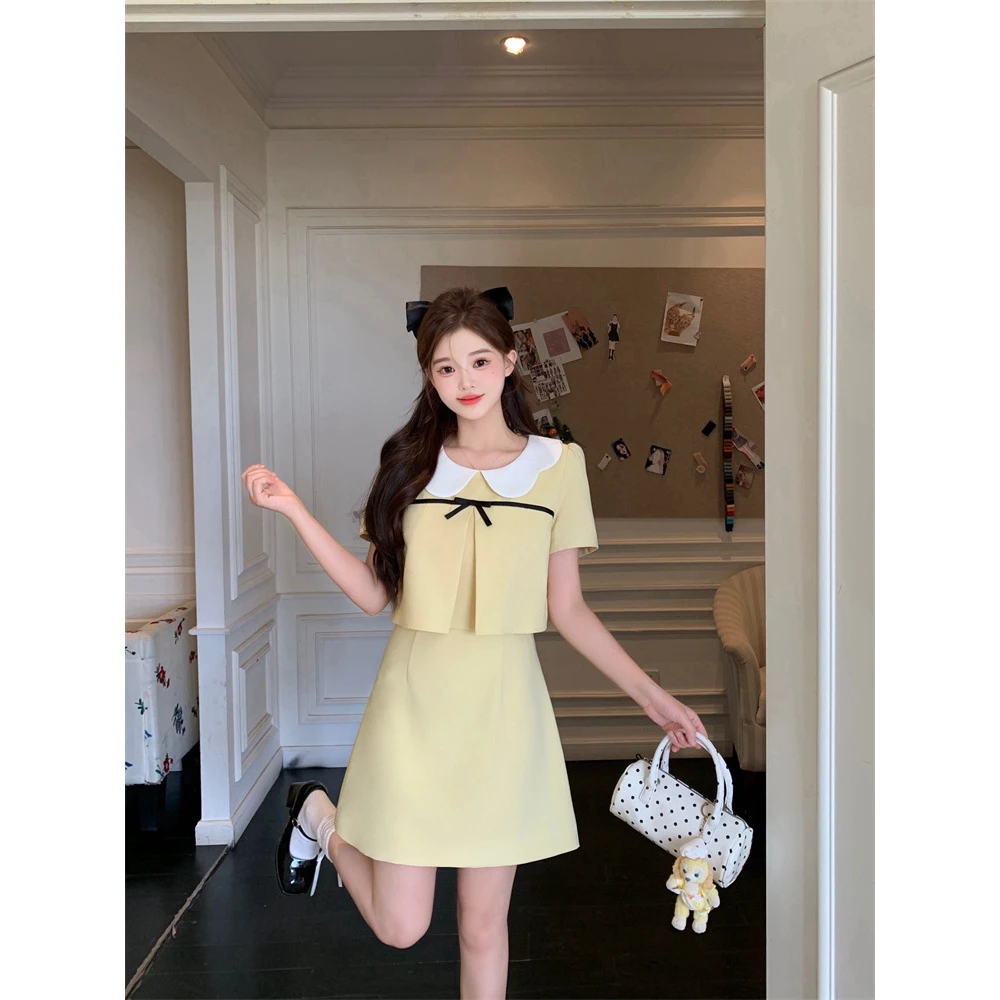 黄色小香风甜美圆领短袖连衣裙女夏季新款名媛气质假两件a字短裙