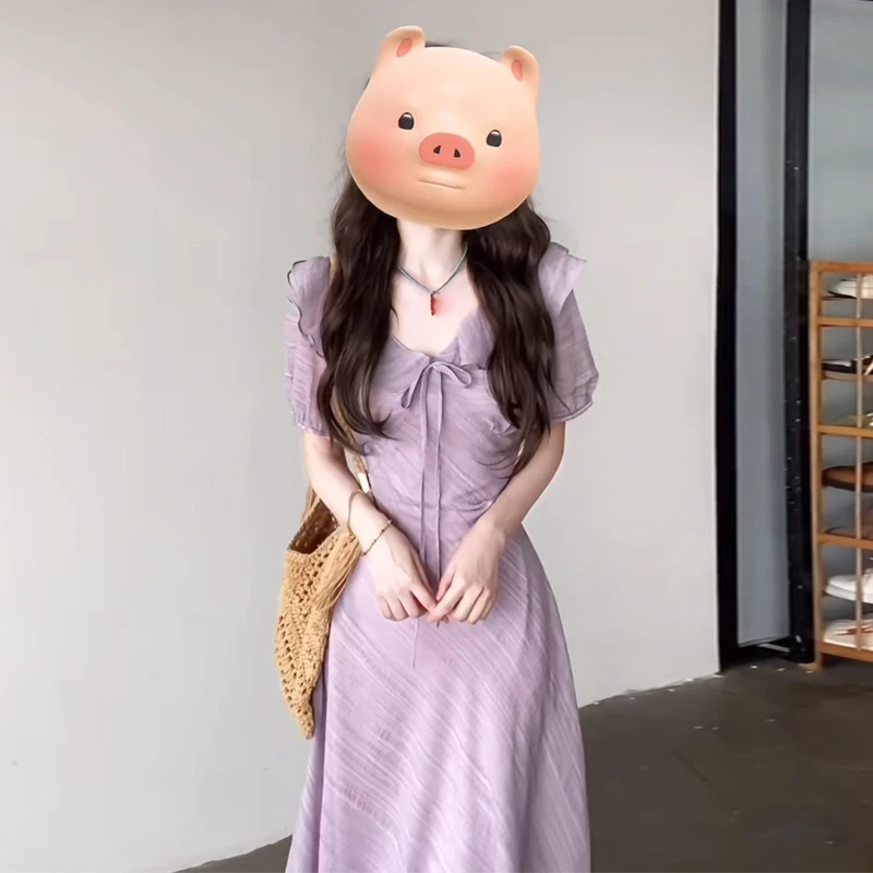 大码温柔风荷叶边泡泡袖连衣裙女装夏季小清新裙子胖MM显瘦A字裙