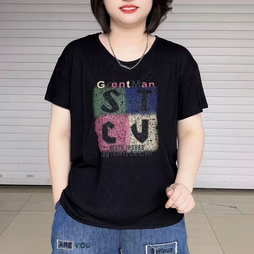 5336大码时尚字母彩绘百搭短袖衫