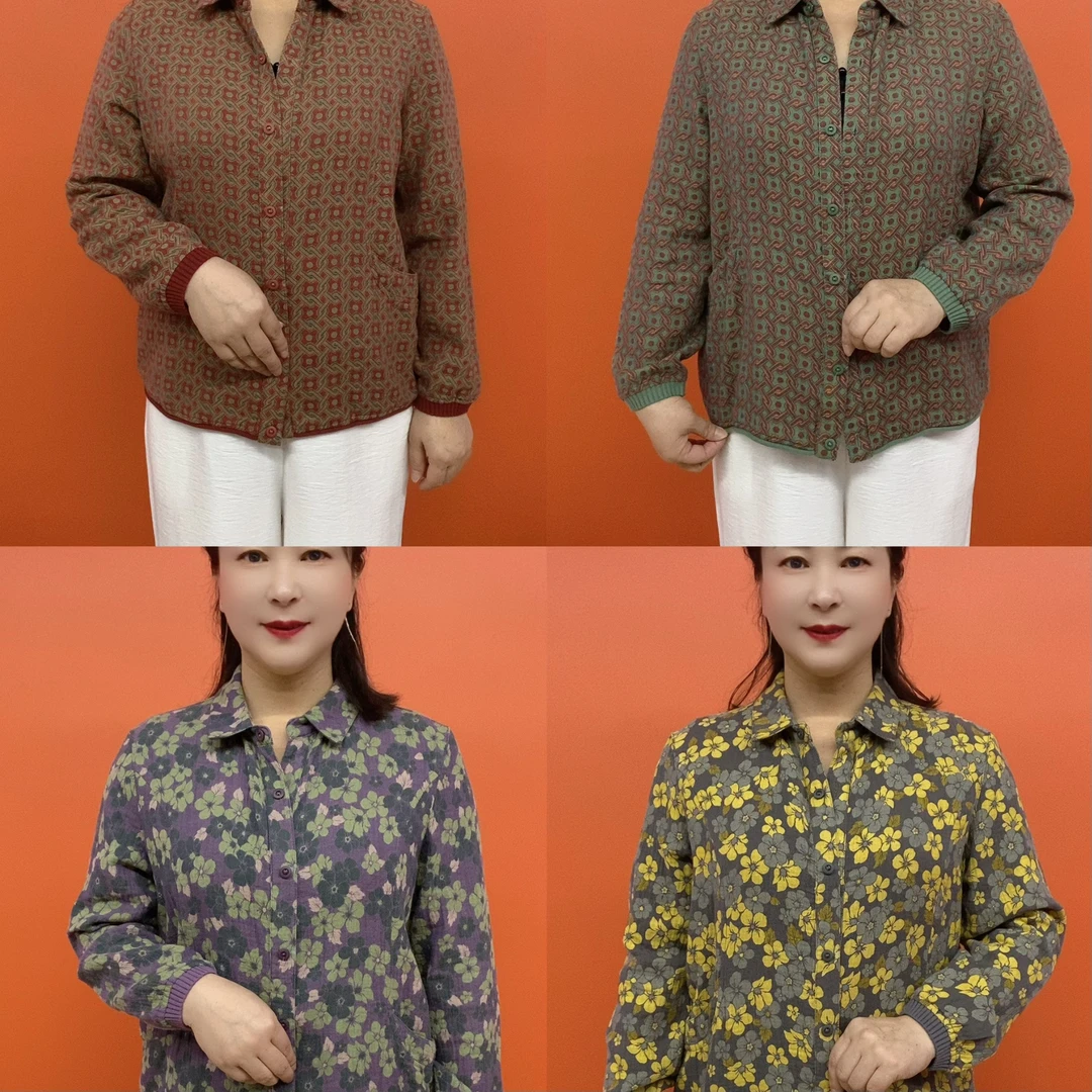 中老年妈妈长袖翻领碎花双兜时尚舒适外衣