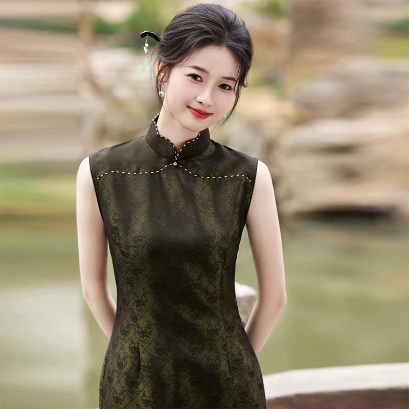 新中式旗袍长款高级感印花改良无袖复古气质民国风连衣裙日常大码
