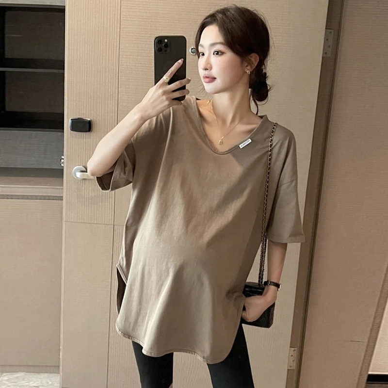 纯棉孕妇装夏季2025新款V领短袖T恤韩版宽松时尚休闲中长款上衣女