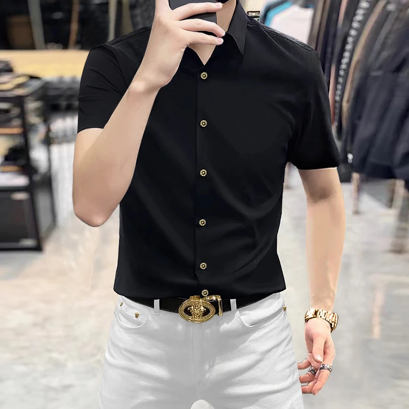 高级感男士短袖衬衫商务休闲免烫垂感弹力修身抗皱蓝黑色衬衣潮流