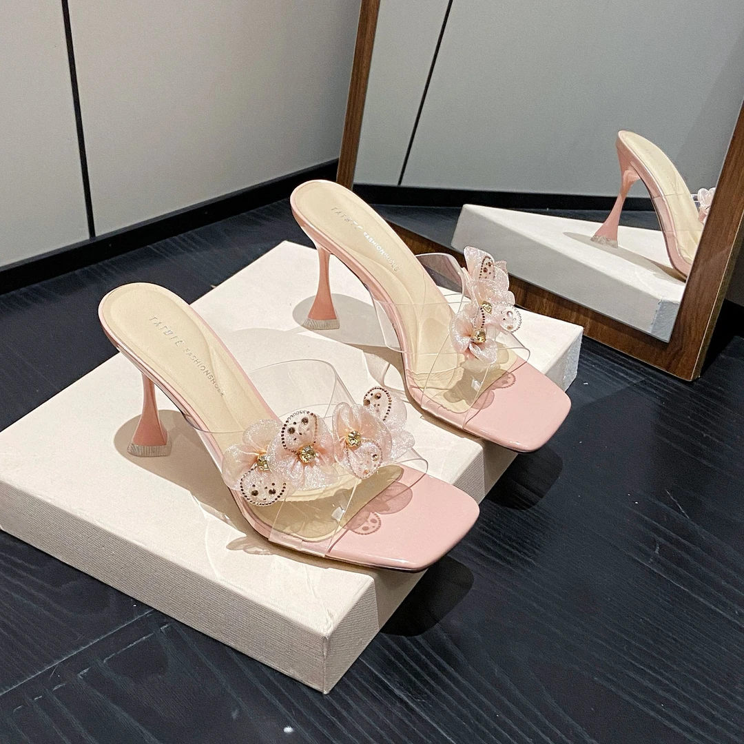 【7公分】性感仙女风方头透明山茶花夏季百搭时尚一字细高跟女拖鞋