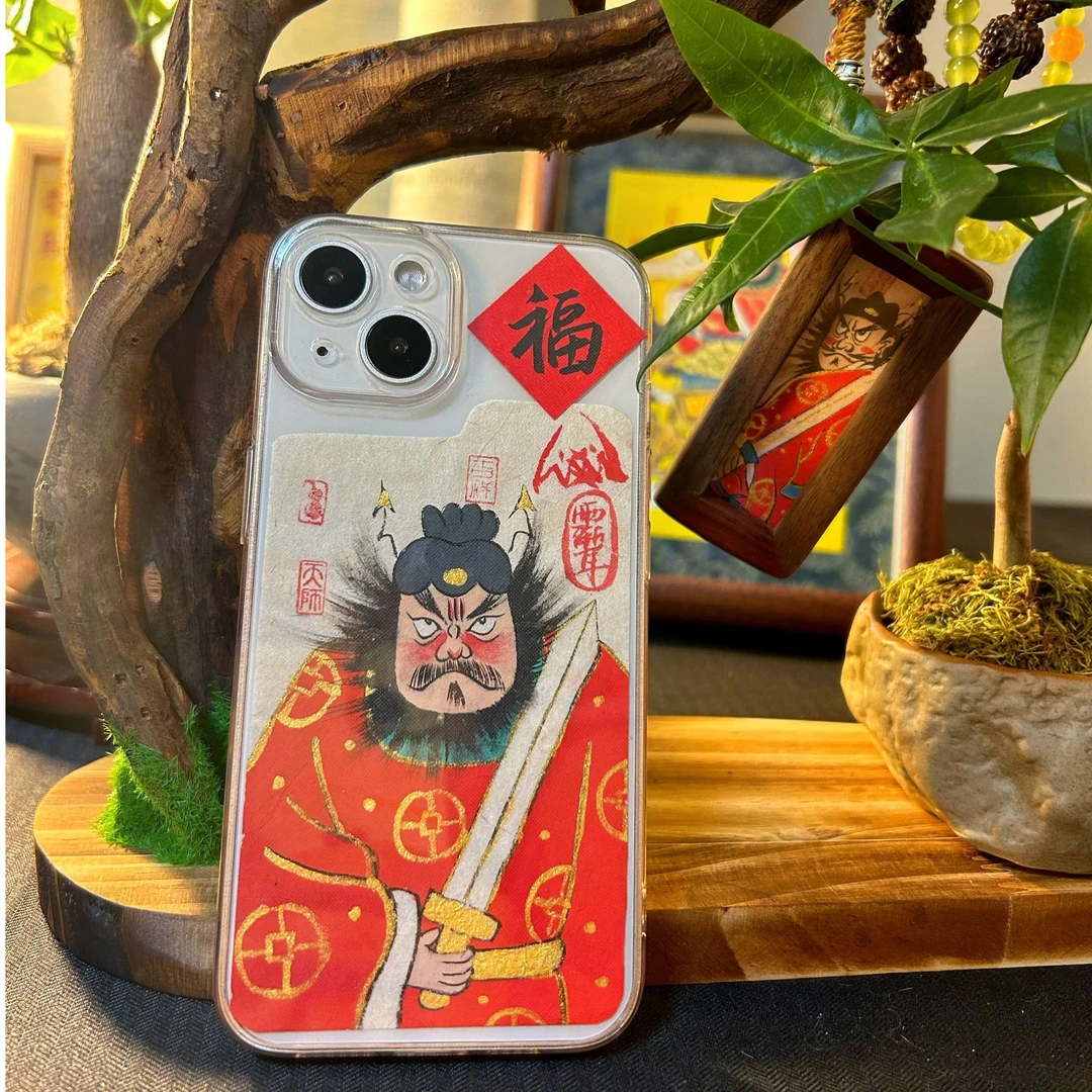 纯手绘朱某砂文创钟馗手机背贴手机夹画