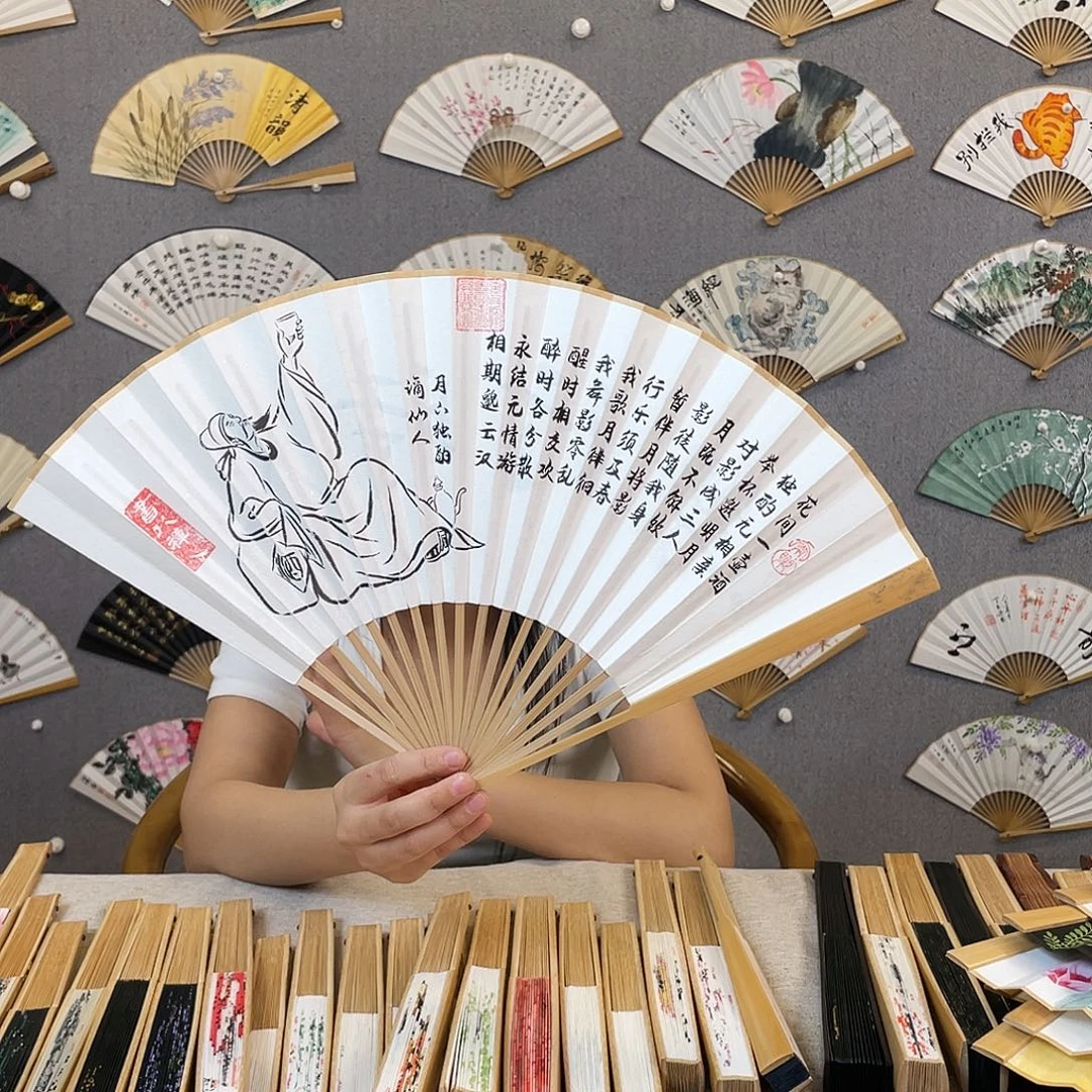 国画95寸玉竹-纯手绘-文玩扇骨（默认粘好）