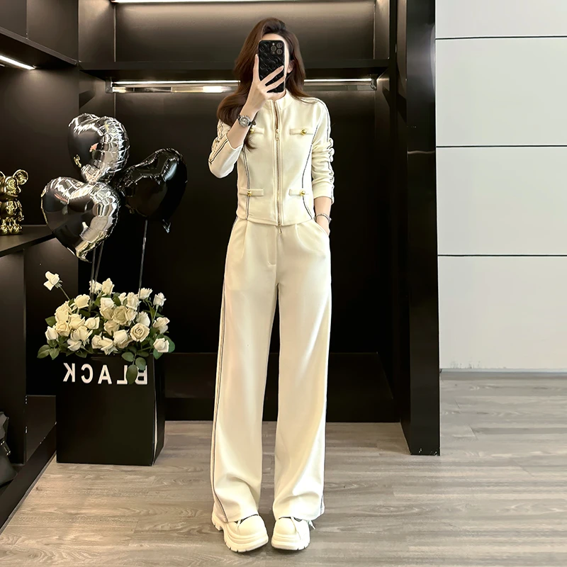 春秋新款小香风时尚设计感拉链开衫长袖上衣阔腿裤休闲运动套装女