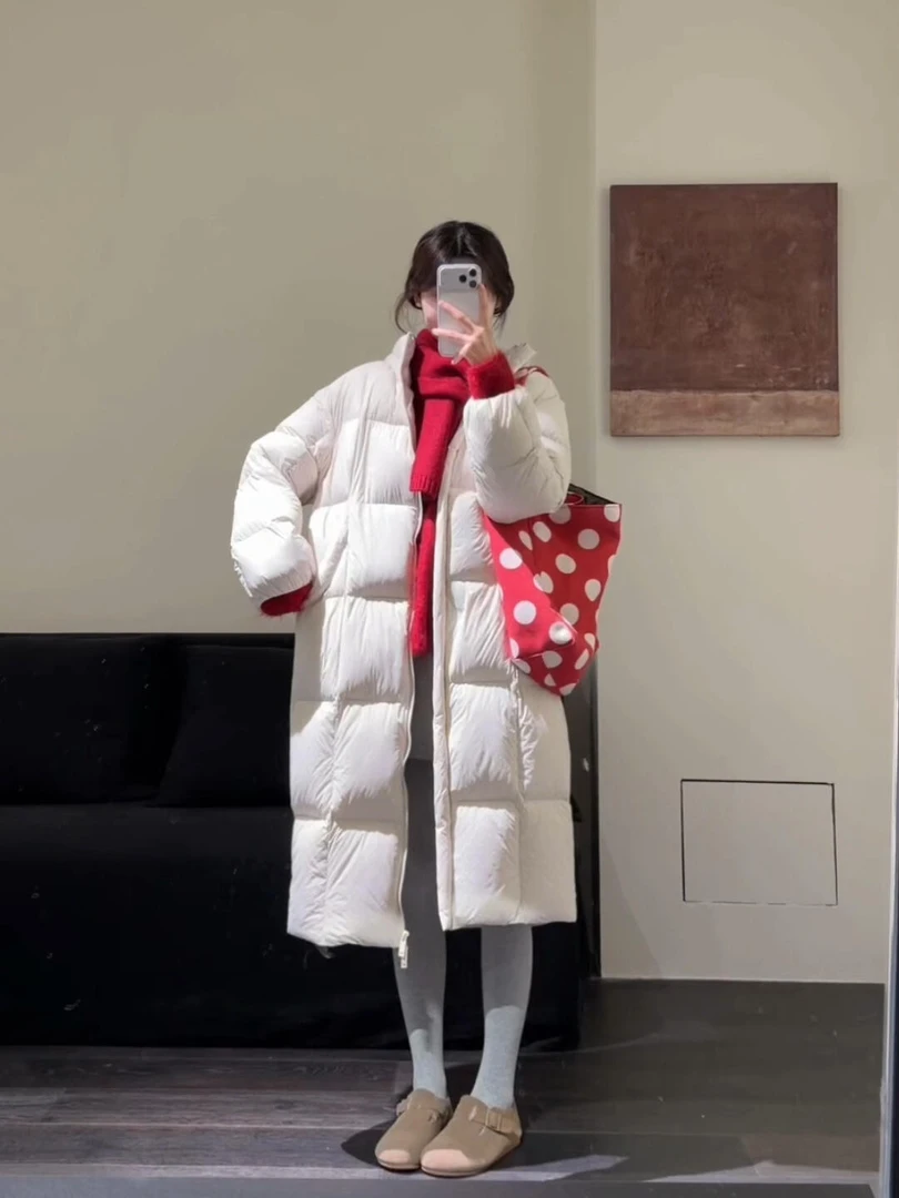 白色中长款连帽保暖棉服2025冬季新款韩系加厚宽松过膝棉袄外套女