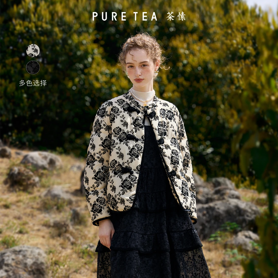 【剪影玫瑰】茶愫90%鸭绒复古典雅琵琶扣2025秋冬新KF0501D41