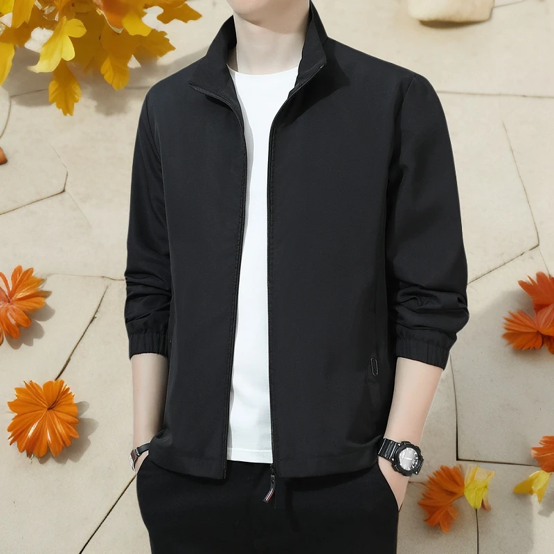 春秋新款男士纯色修身立领宽松百搭帅气薄款韩版潮流休闲夹克外套