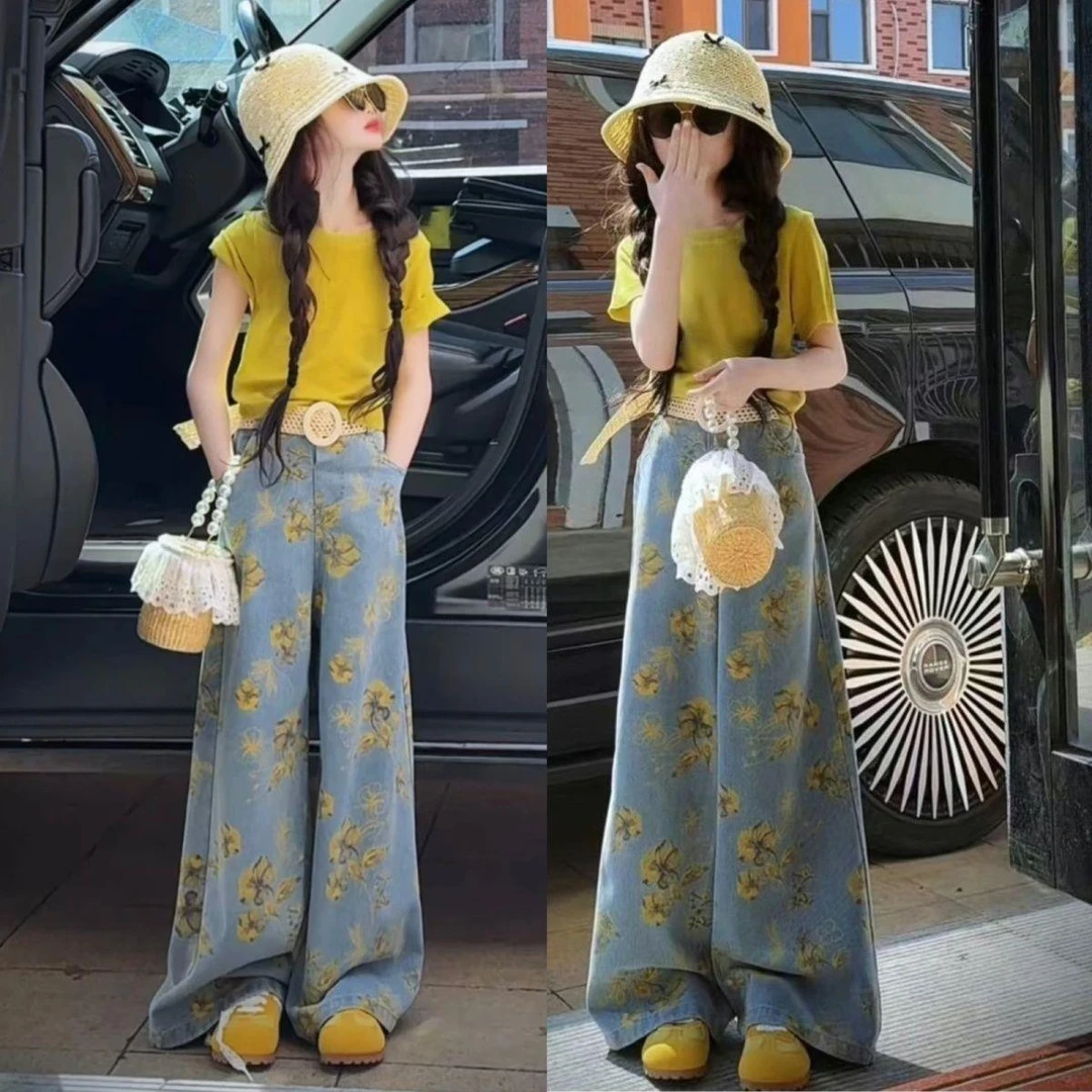 女童夏季套装2025新款洋气女大童时髦短袖网红休闲牛仔裤两件套潮