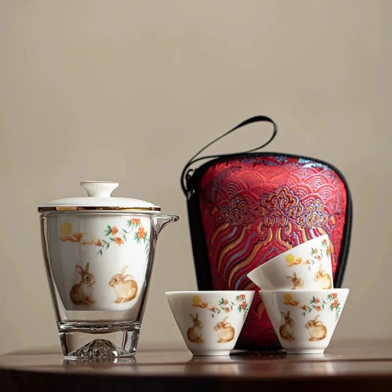 【陶野】便携式户外陶瓷旅游玻璃快客杯一壶三杯旅行茶具泡茶套装