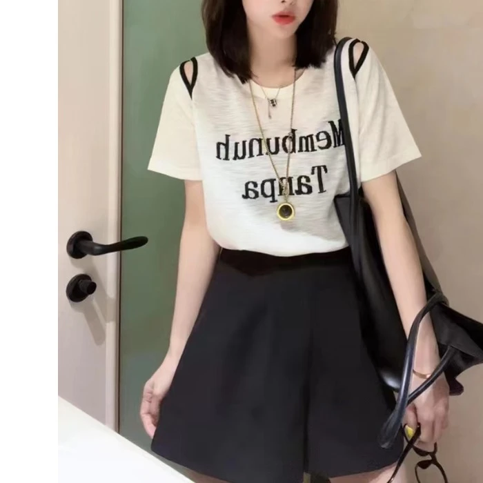 露肩短袖T恤女2025夏季新款韩版时尚宽松洋气圆领设计感上衣潮牌