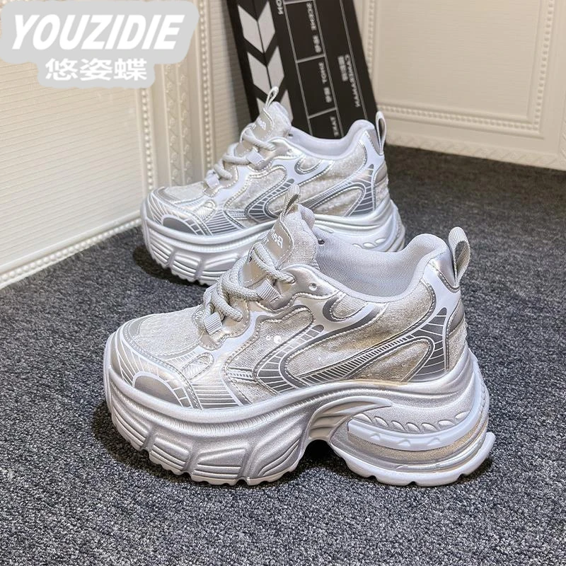 8CM内增高老爹鞋女2025夏季新款百搭爆款厚底小个子网面透气运动