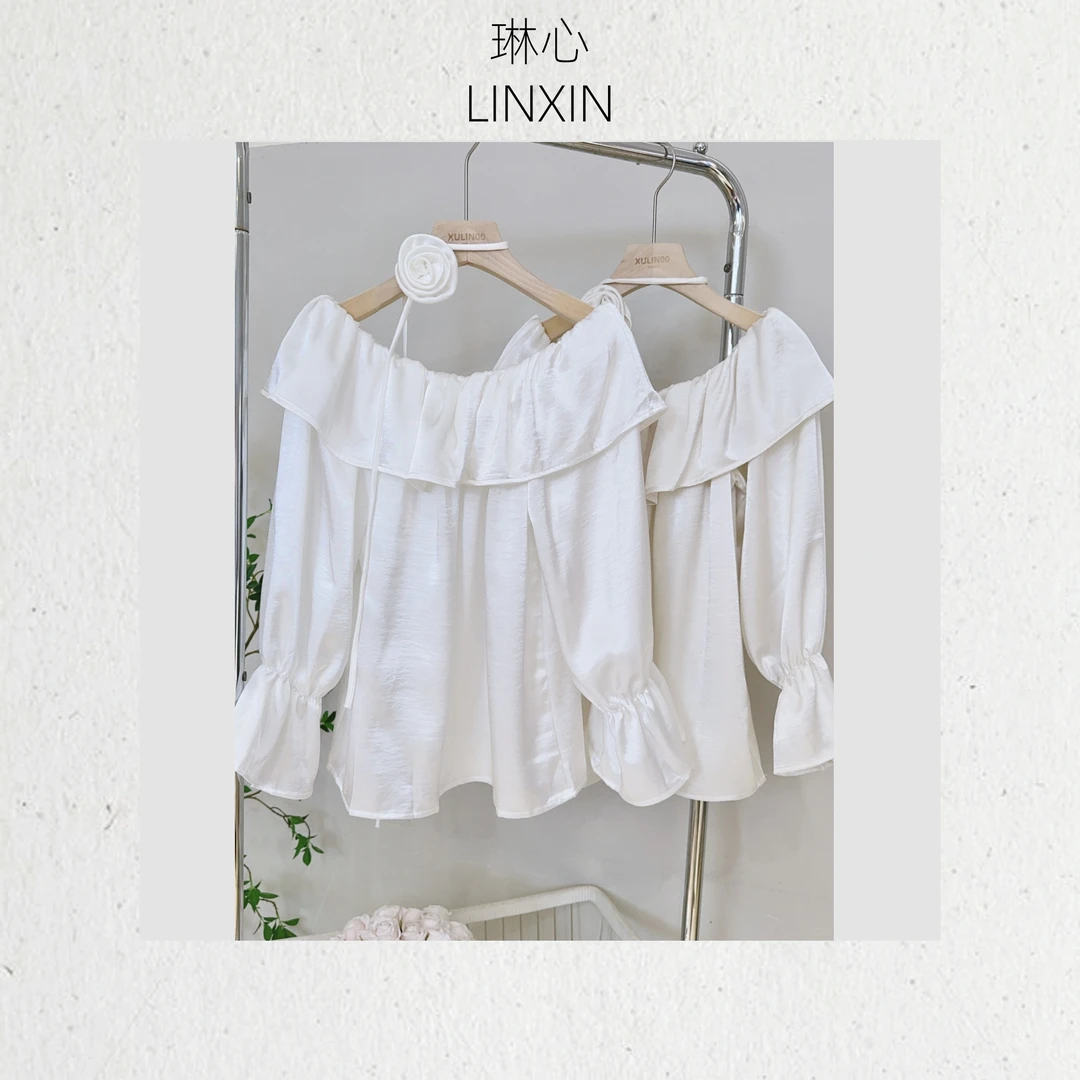 琳心| 春季新款法式气质女装一字肩荷叶边套头衫 F0468