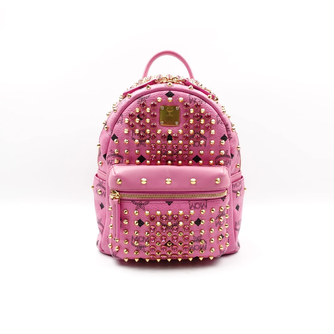 95新 MCM 粉色mini铆钉双肩包/H_JMWXNWK00190
