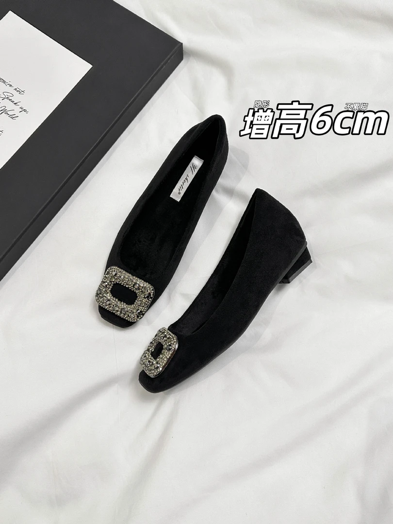 增高6CM水钻方扣粗跟浅口单鞋女2025新款通勤保暖绒面方头高跟鞋