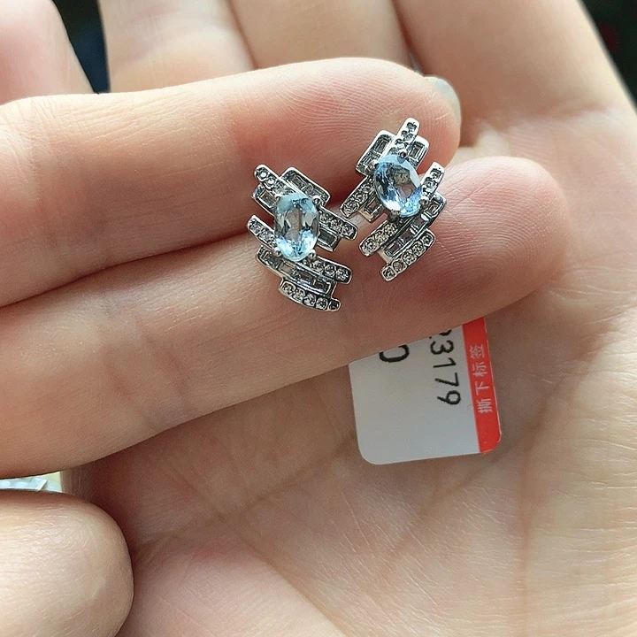 海蓝宝石耳钉银S925镶嵌