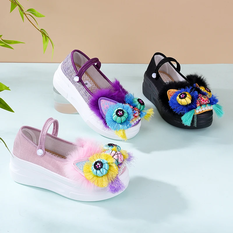 【厚底单鞋】手工刺绣虎头真毛平底鞋单鞋网红居家百搭平底1913-66