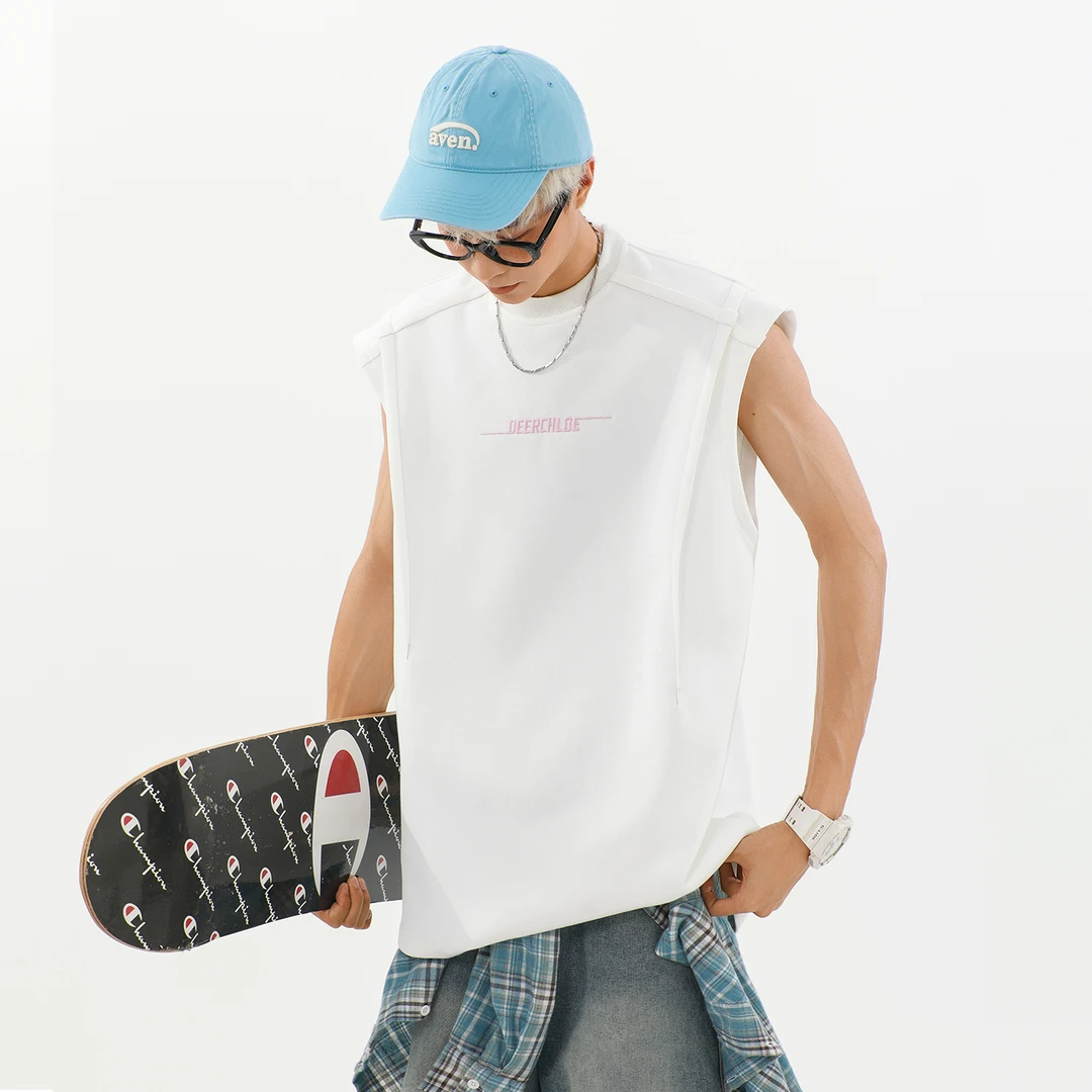 V37美式潮牌解构刺绣坎肩背心男夏季薄款痞帅宽松透气休闲无袖T恤