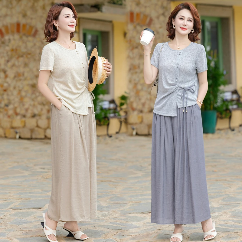 妈妈夏装优雅气质两件套2025新款中老年女装休闲短袖小衫阔腿裤裙