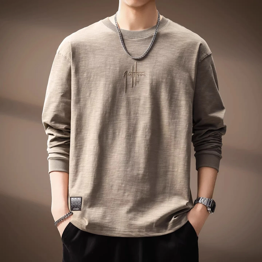 高端竹节棉简约刺绣长袖T恤男2025秋季新款宽松日系复古潮流上衣